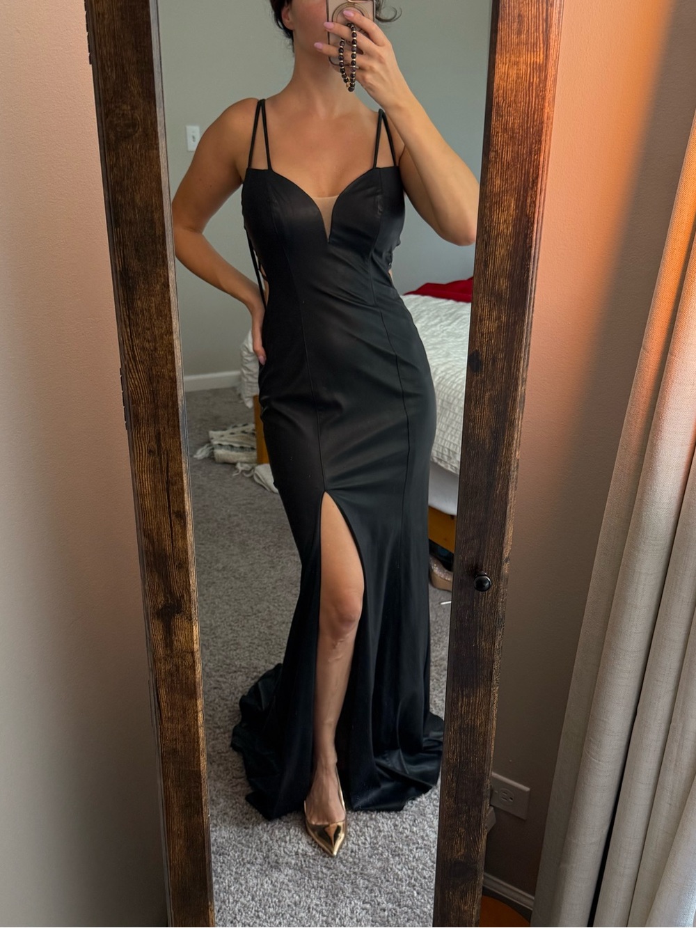 La Femme Black Leather Evening Gown with High Slit